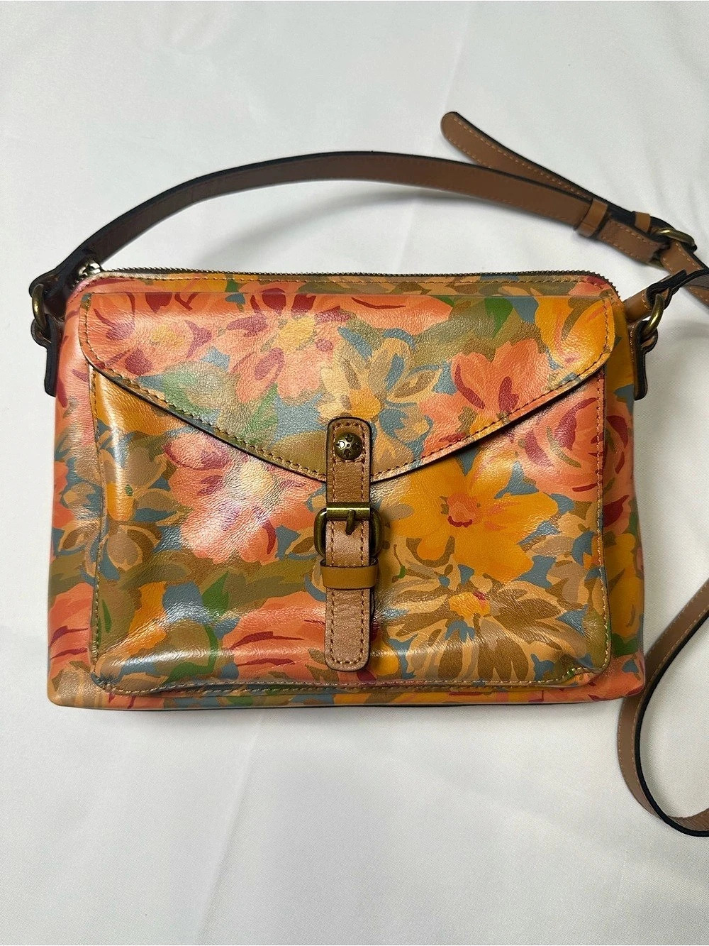Patricia Nash Avellino Crossbody Bag Floral Leather Orange & Brown